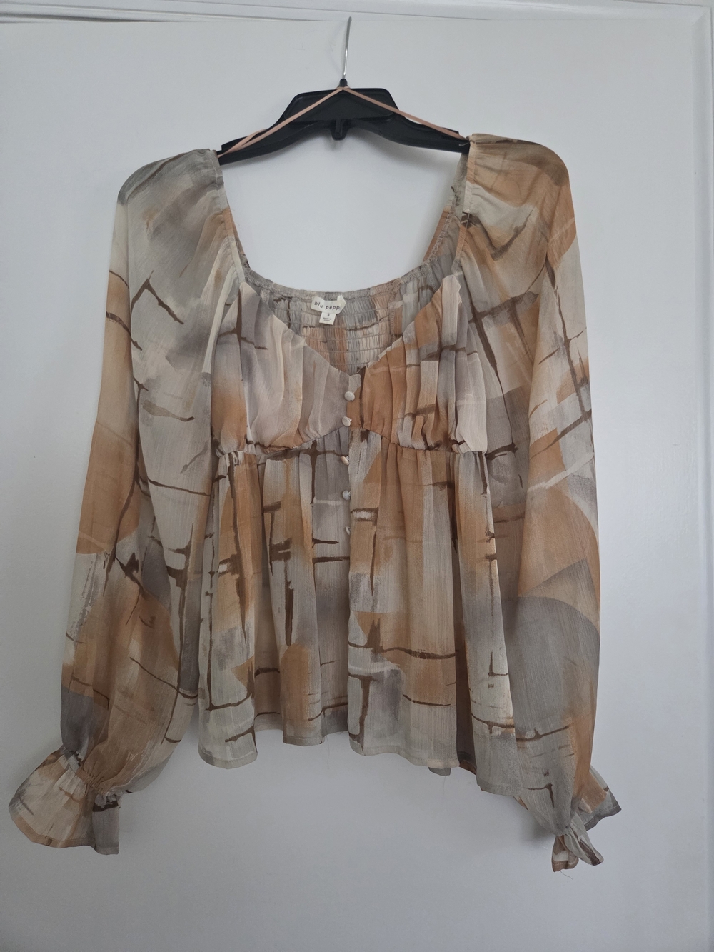 Francesca's Collections Neutral Abstract Sheer Peasant Blouse